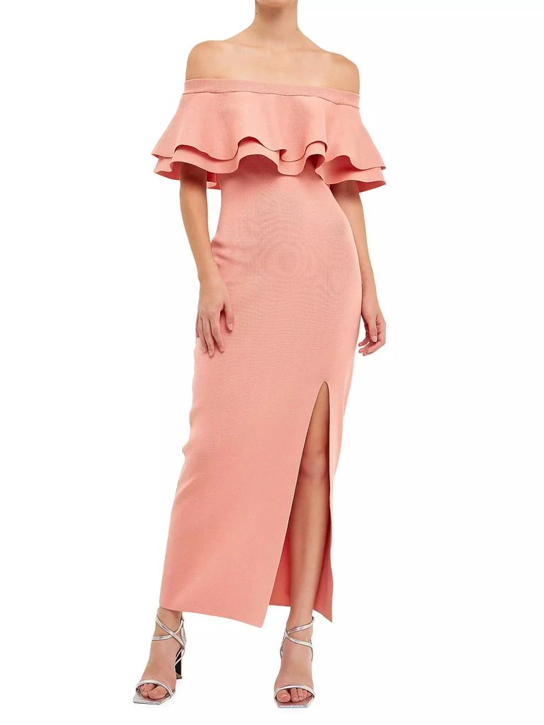 商品Endless Rose|Off The Shoulder Ruffle Midi Dress With Leg Slit,价格¥1199,第1张图片