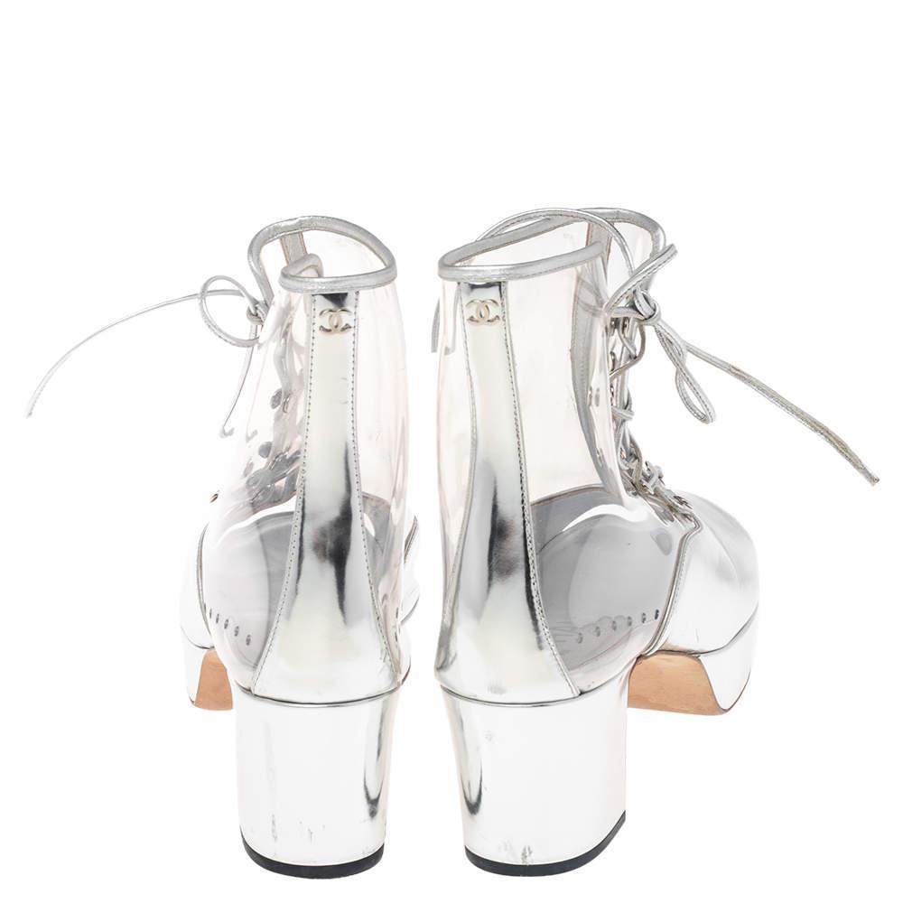 商品[二手商品] Chanel|Chanel Silver/Transparent Leather and PVC Lace Open Toe Ankle Boots Size 40,价格¥4244,第7张图片详细描述