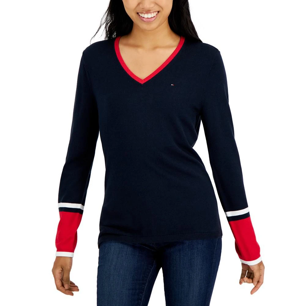 商品Tommy Hilfiger|Women's Ivy Cotton V-Neck Tipped Sleeve Sweater,价格¥156,第1张图片