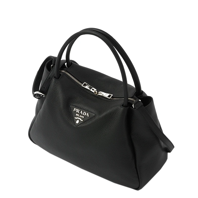 PRADA/普拉达 22春夏新款 女士黑色皮革饰有三角徽标配织物肩带拉链开合单肩斜跨手提包1BC170_2DKV_F0002_V_3OO 商品