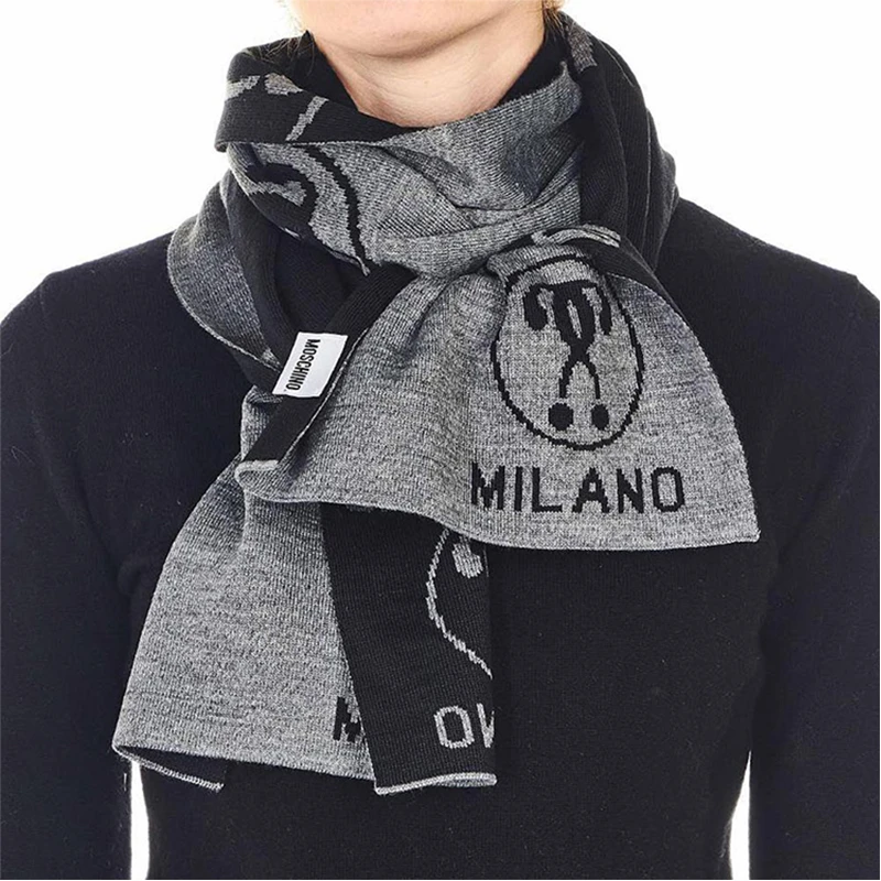 商品Moschino|MOSCHINO 莫斯奇诺 黑色羊毛混纺徽标图案男女同款围巾 送男友女友礼物 深灰色 50055 M5145 15,价格¥714,第1张图片