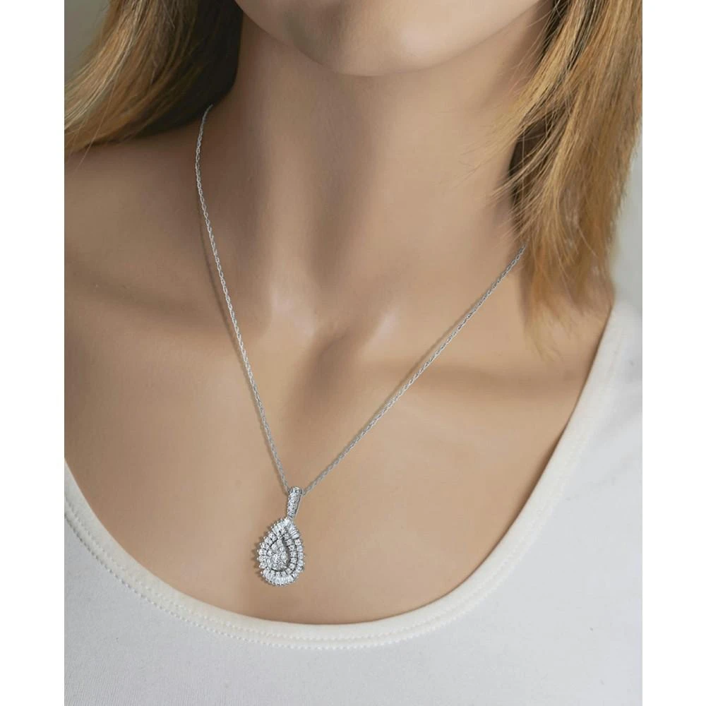 商品Macy's|Diamond Round & Baguette Teardrop Cluster Pendant Necklace (1 ct. t.w.) in 14k White Gold, 16" + 2" extender,价格¥39282,第2张图片详细描述