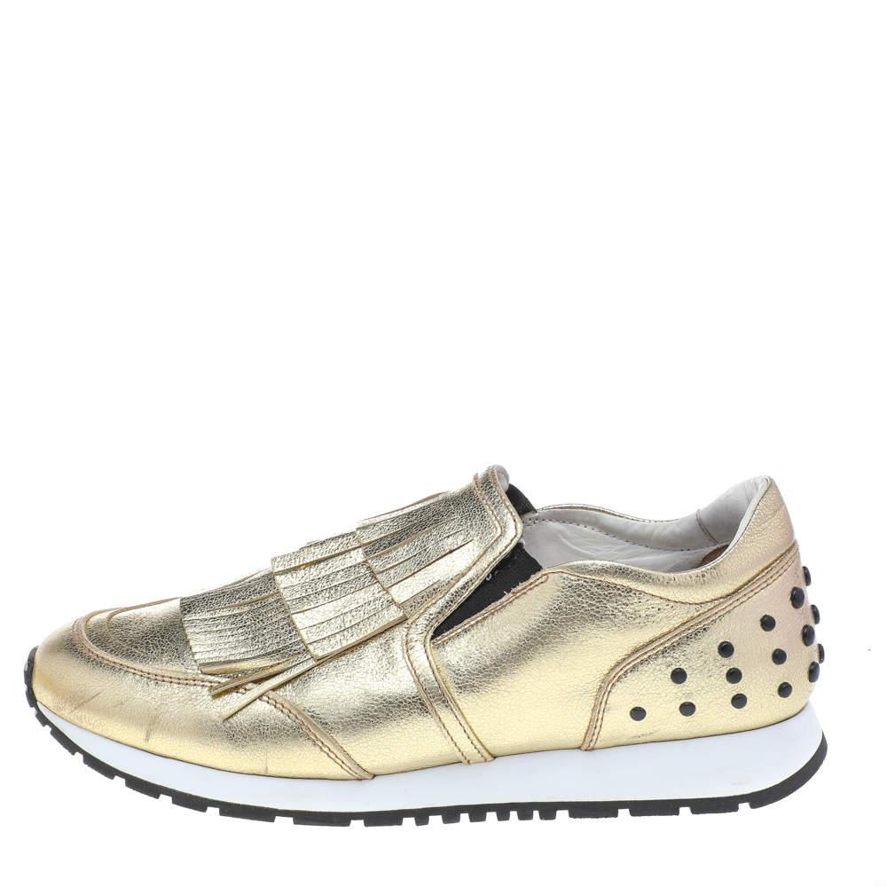 商品[二手商品] Tod's|Tod's Gold Leather Fringe Detail Low Top Sneakers Size 39,价格¥2527,第4张图片详细描述