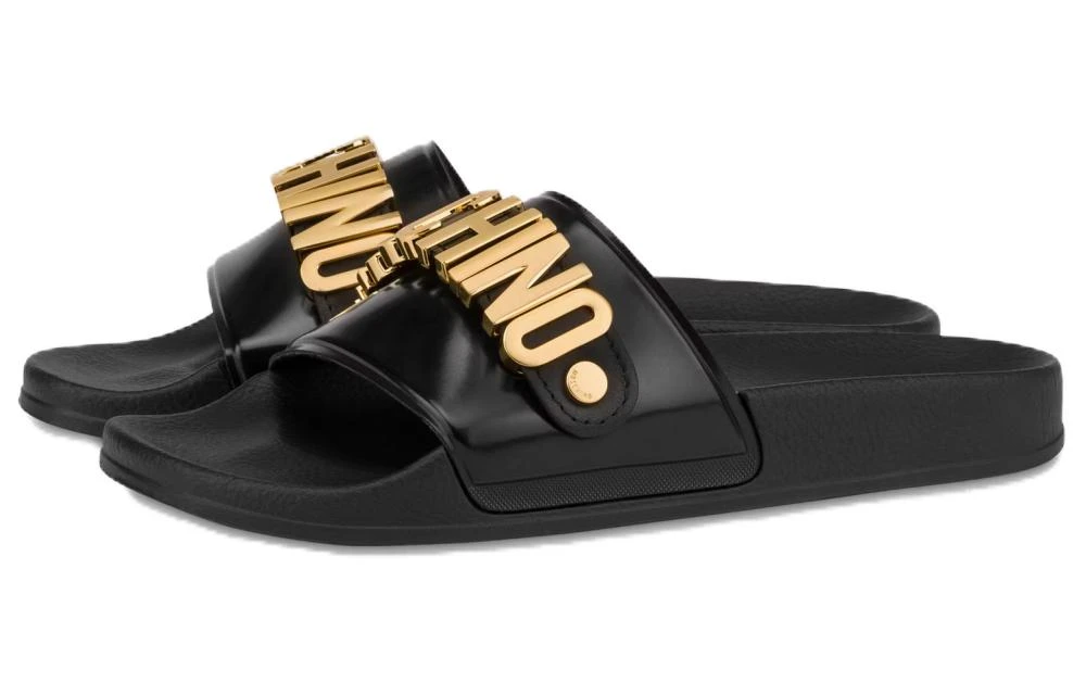 商品[国内直发] Moschino|莫斯奇诺 PVC化纤 金属徽标Logo 拖鞋 女款 黑金色,价格¥1605,第4张图片详细描述