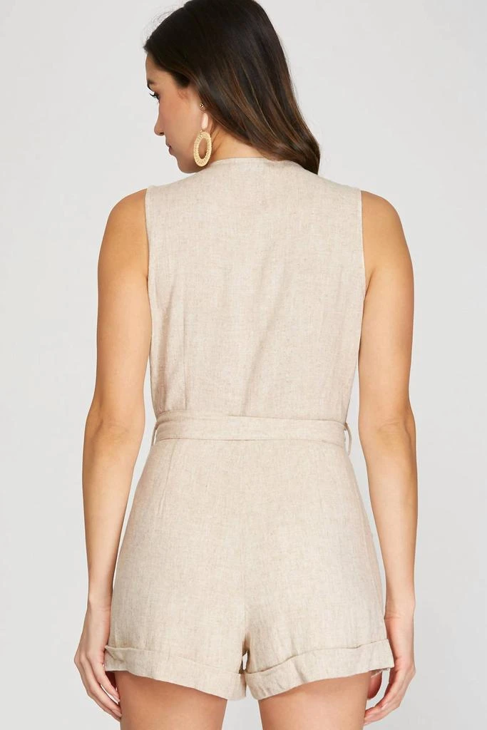 商品She + Sky|She + Sky - Sleeveless V Neck Linen Button Down Romper With Waist Tie,价格¥290,第2张图片详细描述