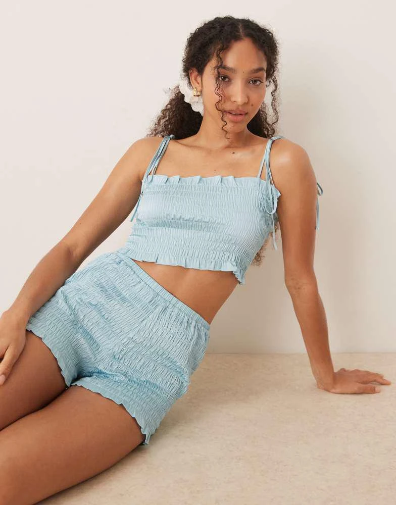 商品ASOS|ASOS DESIGN Satin textured cropped cami and short set in aqua blue,价格¥270,第1张图片