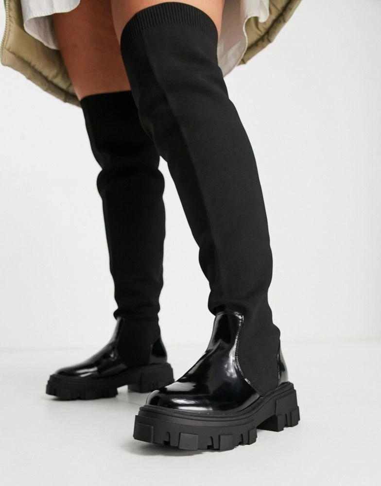 商品ASOS|ASOS DESIGN Curve Kimmy flat chunky over the knee boots in black,价格¥267,第2张图片详细描述