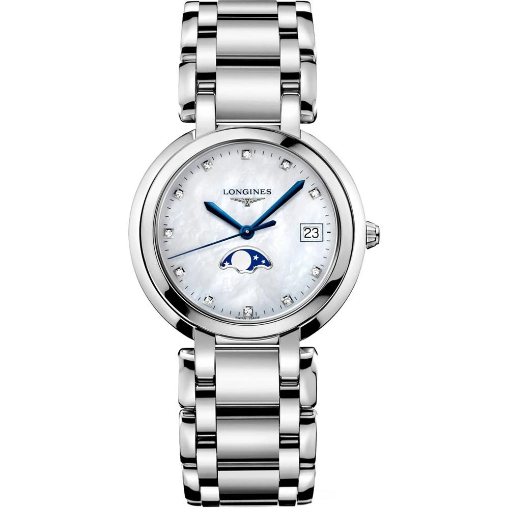 商品Longines|Women's Swiss PrimaLuna Diamond-Accent Stainless Steel Bracelet Watch 34mm,价格¥11804,第1张图片