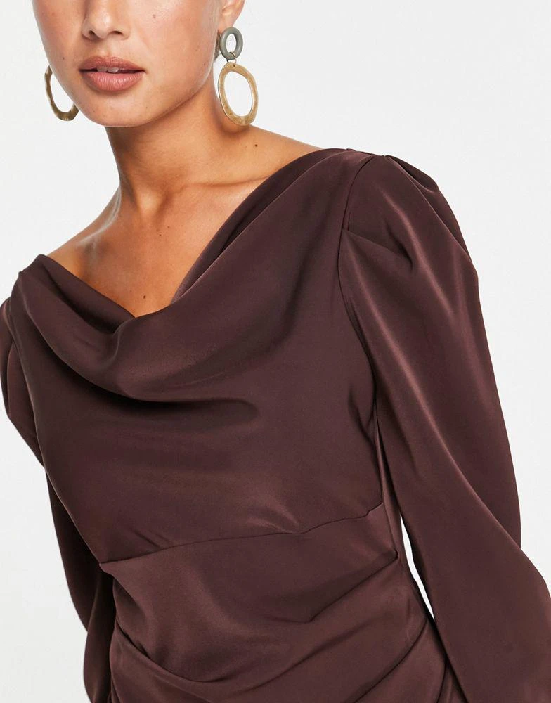 商品ASOS|ASOS DESIGN slinky drape shoulder midi dress in chocolate,价格¥462,第3张图片详细描述