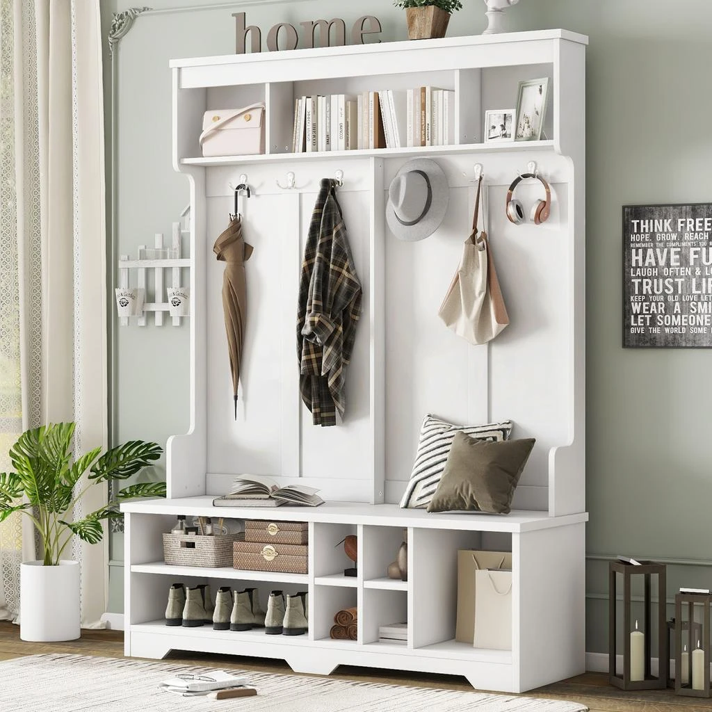 商品Streamdale Furniture|Streamdale Hall Tree Coat Rack Shoe Cubby Storage - White,价格¥2898,第2张图片详细描述