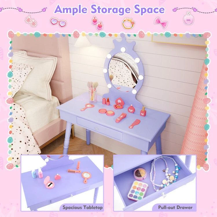 Kids Vanity Set with Lighted Mirror with Adjustable Brightness and Large Drawer-White 商品