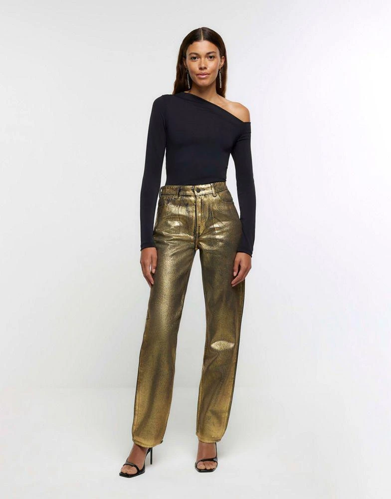 商品River Island|River Island Relaxed straight coated jeans in gold,价格¥524,第3张图片详细描述