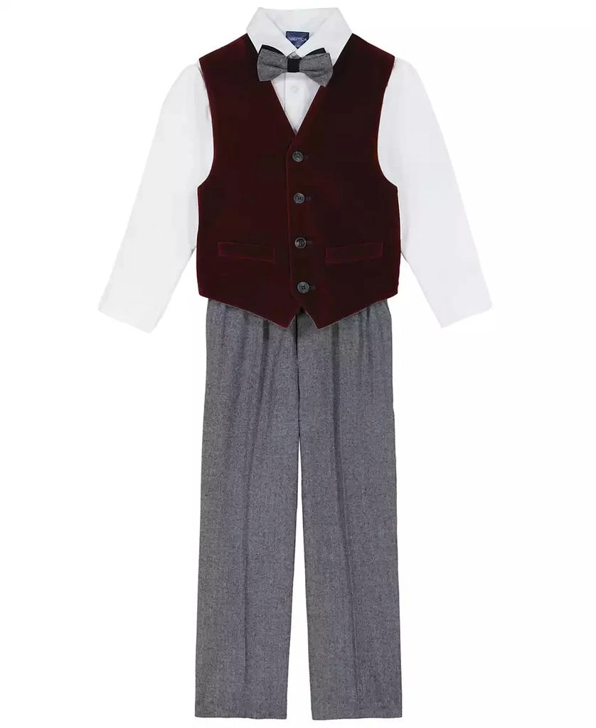 商品Nautica|Toddler and Little Boys Burgundy Velvet Duo Vest 4-Piece Set,价格¥187,第1张图片