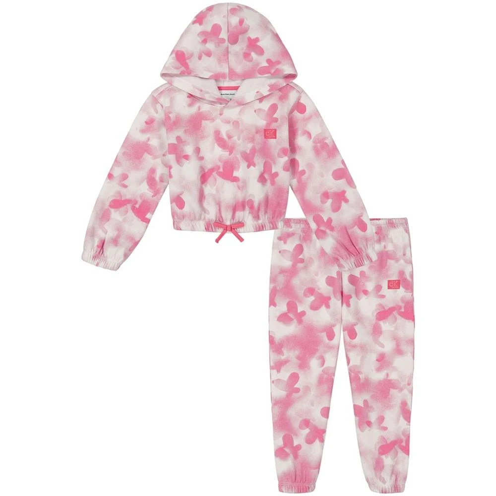 商品Calvin Klein|Little Girls Hooded Butterfly Print Fleece Sweatsuit and Pants, 2 Piece Set,价格¥470,第1张图片