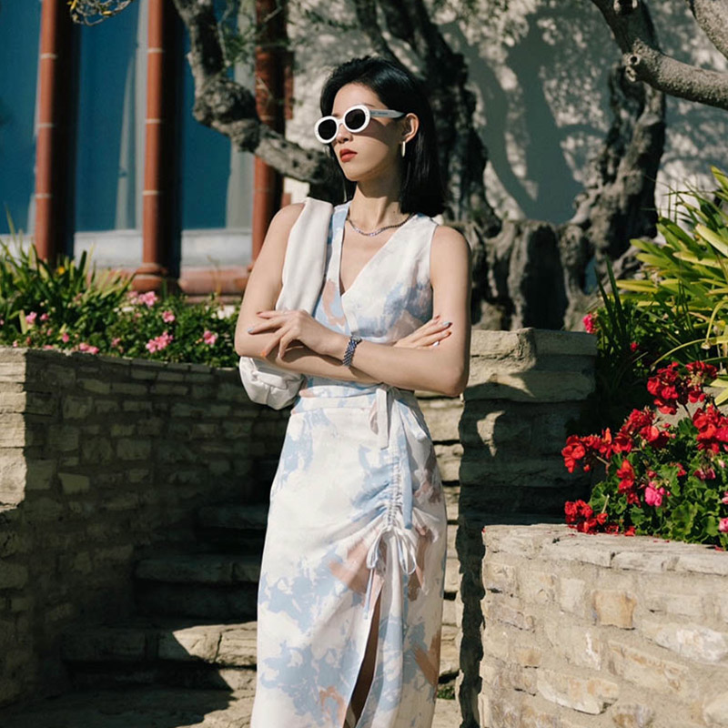 【Suggyl联名胶囊系列】Peggy抽象印花法式度假风侧开叉抽绳半裙 | Peggy Skirt - Abstract Colors 商品第6张图片规格展示