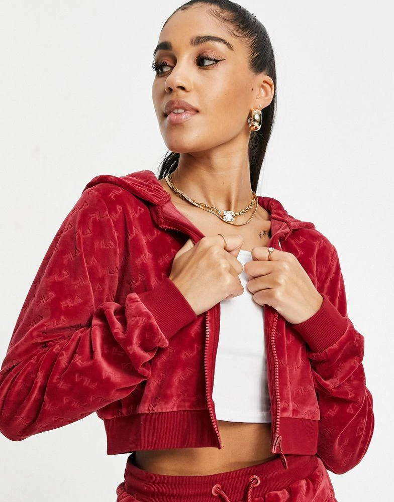 商品Fila|Fila velour all over print cropped zip through hoodie in red,价格¥208,第3张图片详细描述