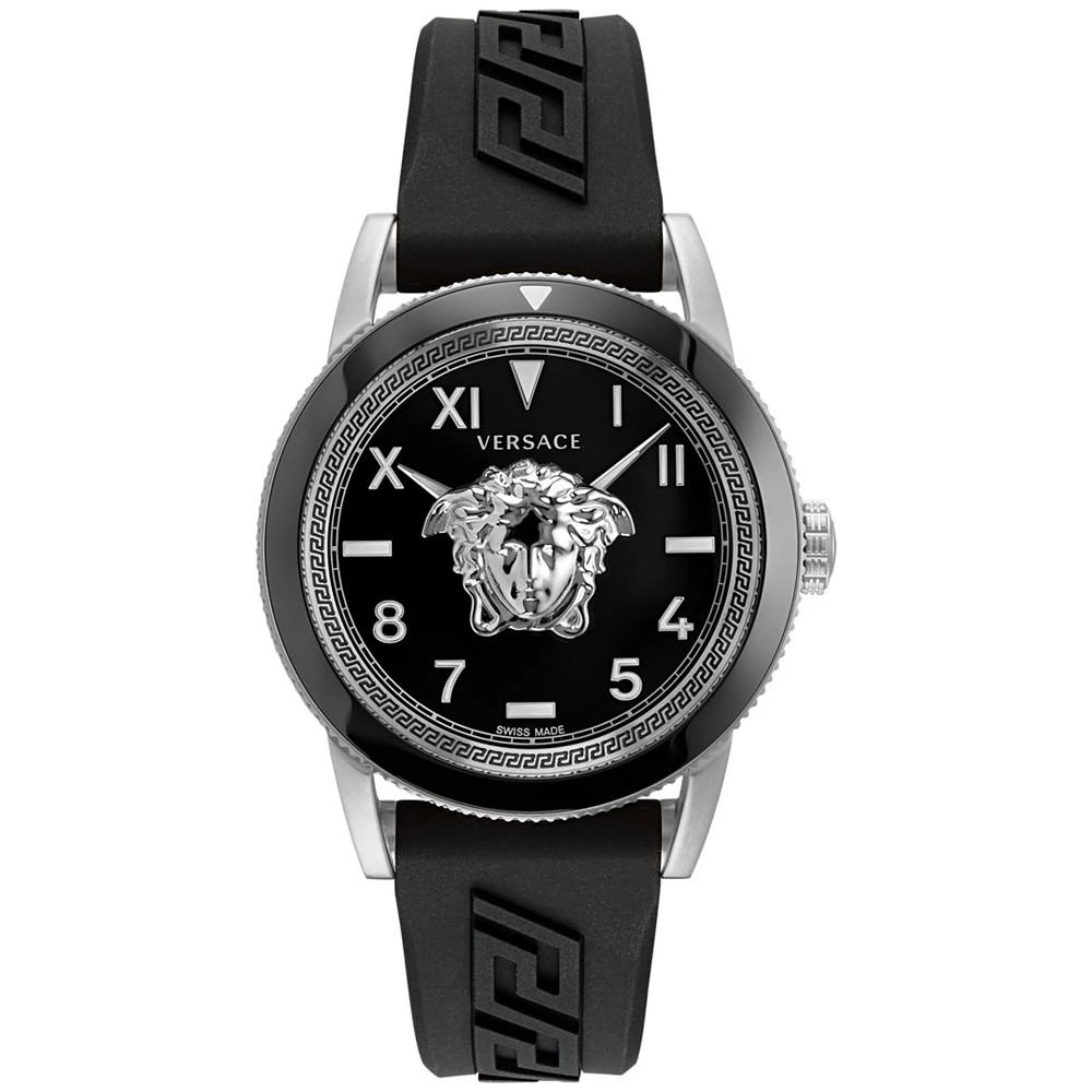 商品Versace|Men's Swiss V-Palazzo Black Logo Silicone Strap Watch 43mm,价格¥7504,第1张图片