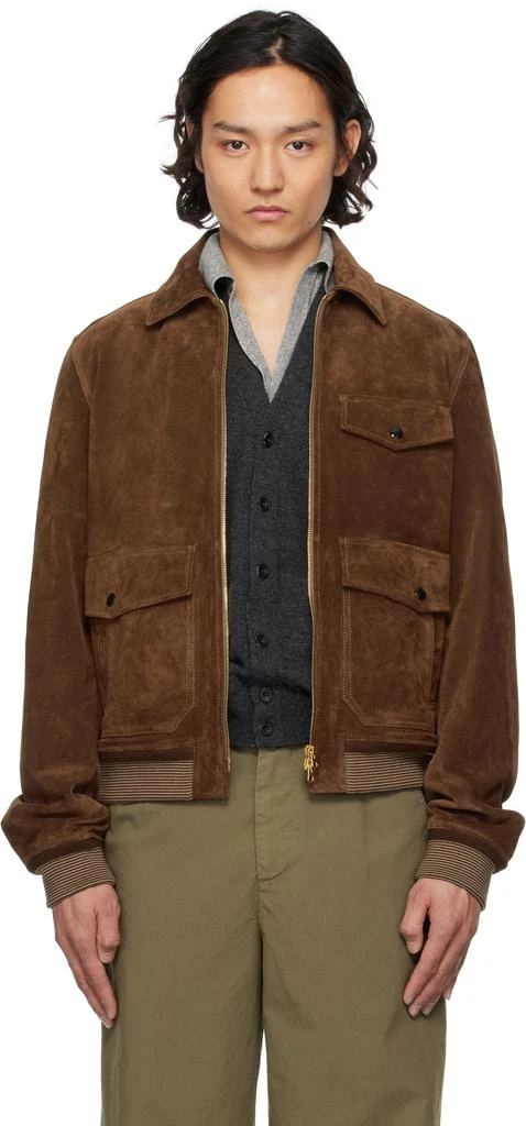 商品Drake's|Brown Heavyweight A2 Suede Bomber Jacket,价格¥14327,第1张图片