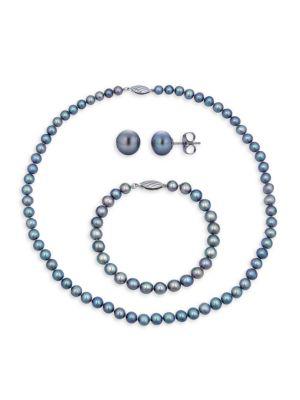 Sterling Silver & 7-8MM Gray Cultured Pearl 3-Piece Necklace, Bracelet & Earrings Set商品第1张图片规格展示