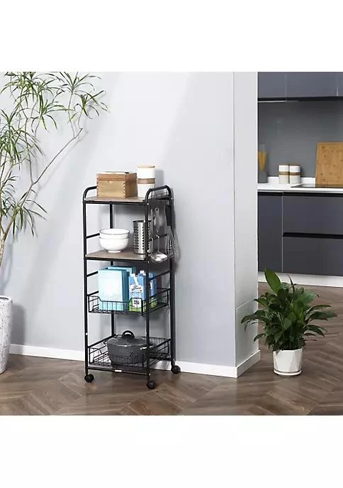 商品HOMCOM|16 4 Tier Rolling Kitchen Cart Utility Storage Trolley With 2 Basket Drawers Side Hooks For Dining Room And Kitchen Oak,价格¥379,第4张图片详细描述