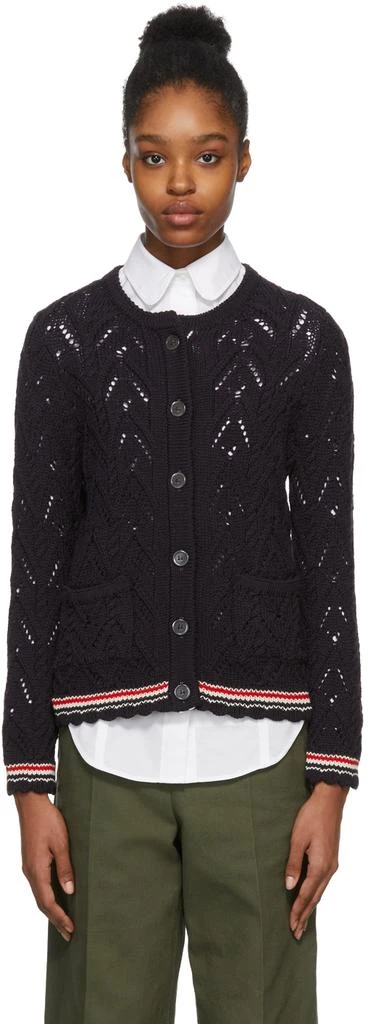 商品Thom Browne|Navy Pointelle Cable Knit Cardigan,价格¥3233,第1张图片