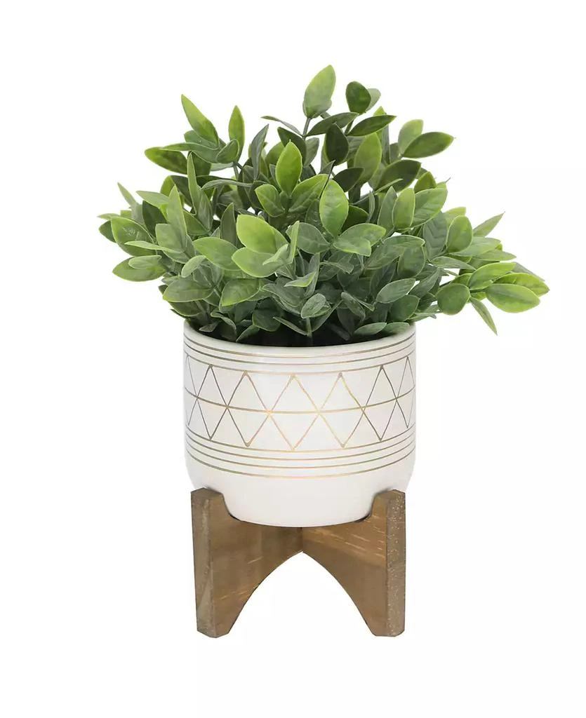 商品Flora Bunda|11" Artificial Tea Leaf in 5" Geo Ceramic Footed Pot on Wood Stand,价格¥276,第1张图片