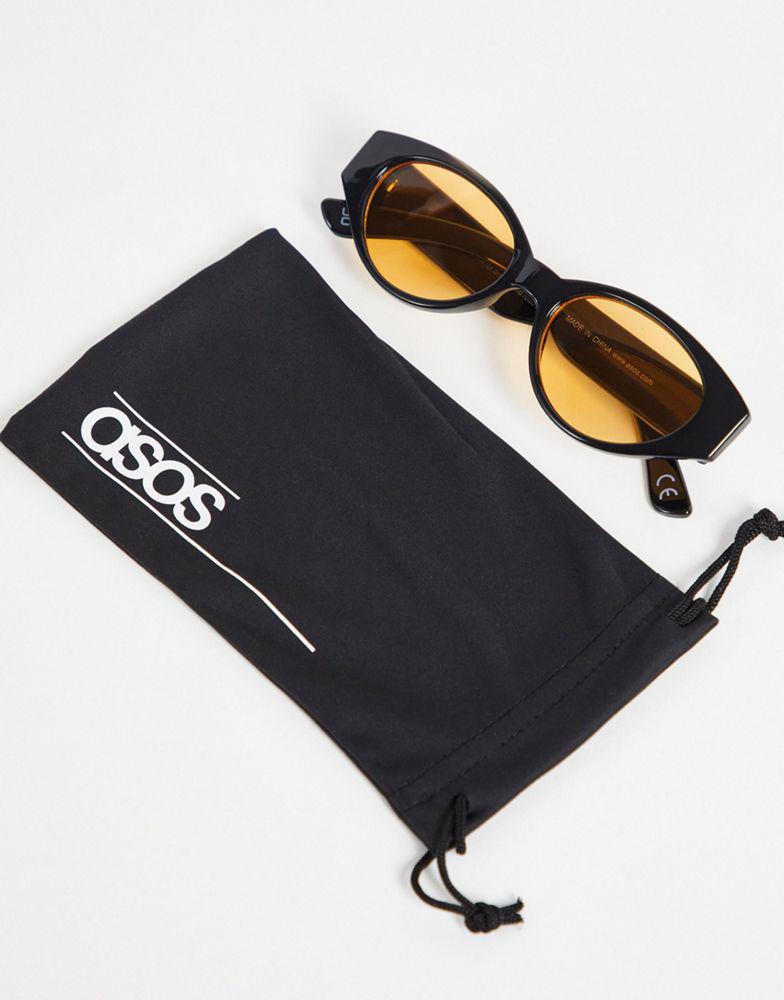 ASOS DESIGN retro oval sunglasses with amber lens in black - BLACK商品第2张图片规格展示