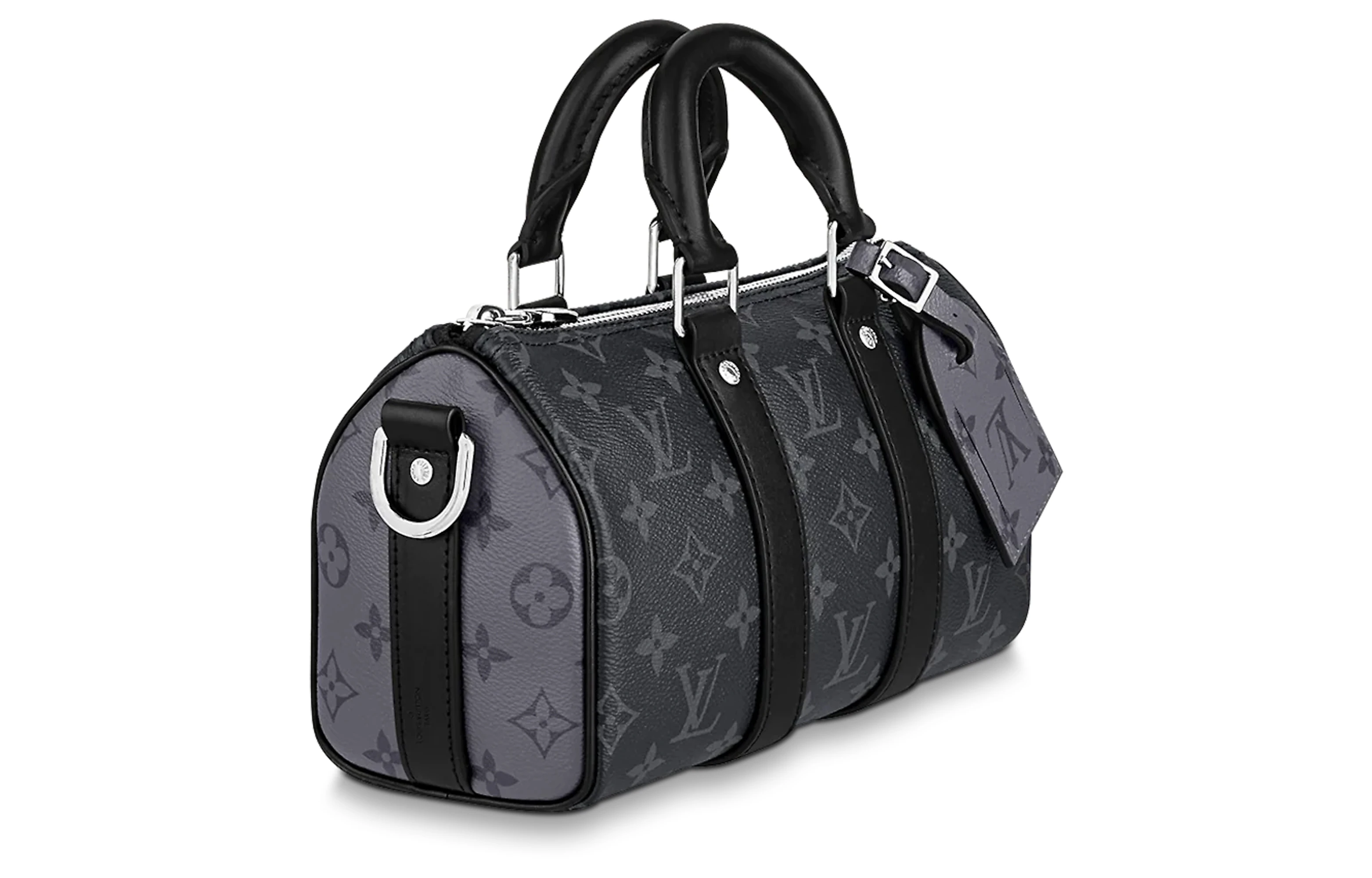 商品[国内直发] Louis Vuitton|keepall 25 金属件黑武士老花可调节肩带 涂层帆布牛皮革饰边 手提单肩斜挎包 常规 男款 黑色/灰色,价格¥20594,第4张图片详细描述