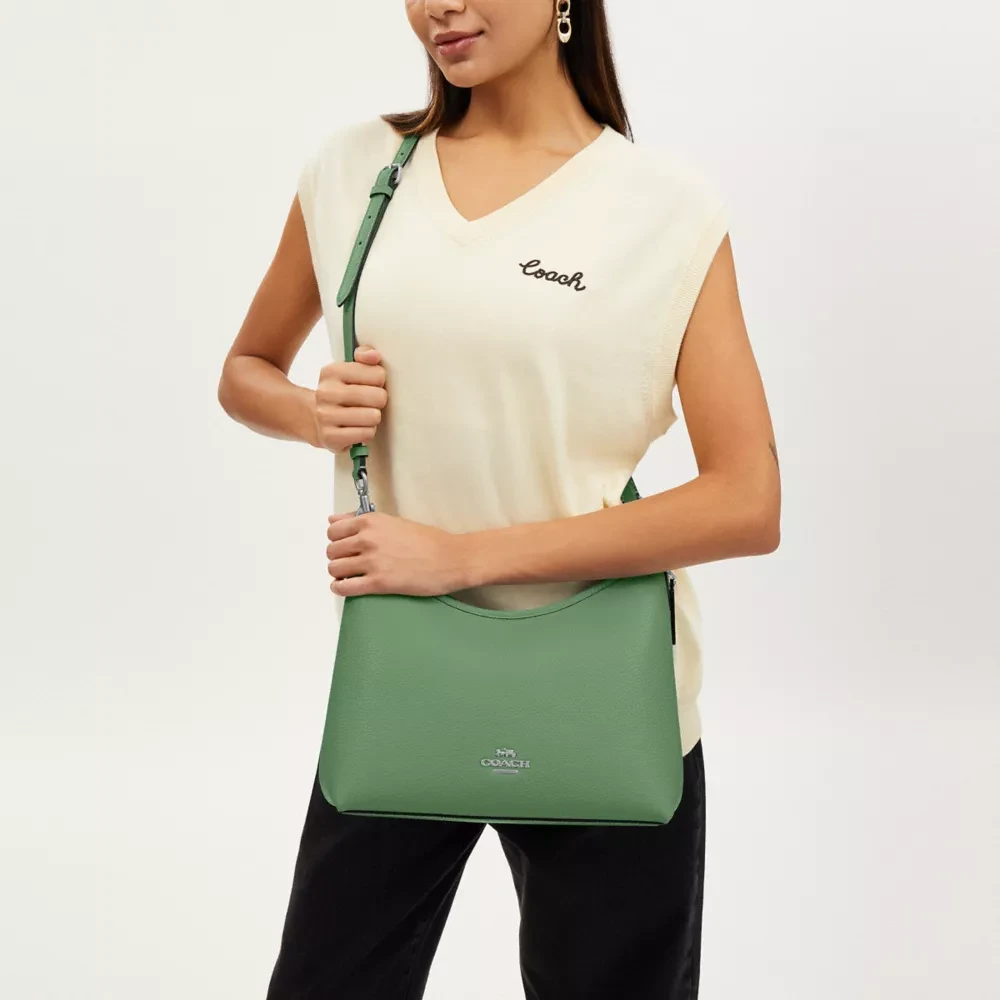 商品[国内直发] Coach|��蔻驰 Laurel 31 徽标Logo拉链开合 鹅卵石皮革 手提斜挎单肩包 大号 女款 银色拼浅绿色,价格¥1769,第7张图片详细描述