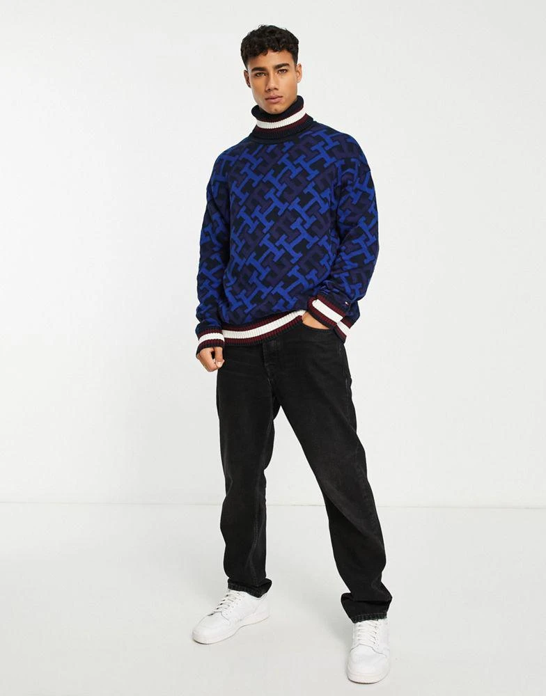 商品Tommy Hilfiger|Tommy Hilfiger monogram tipped roll neck cotton knit jumper in navy,价格¥978,第4张图片详细描述