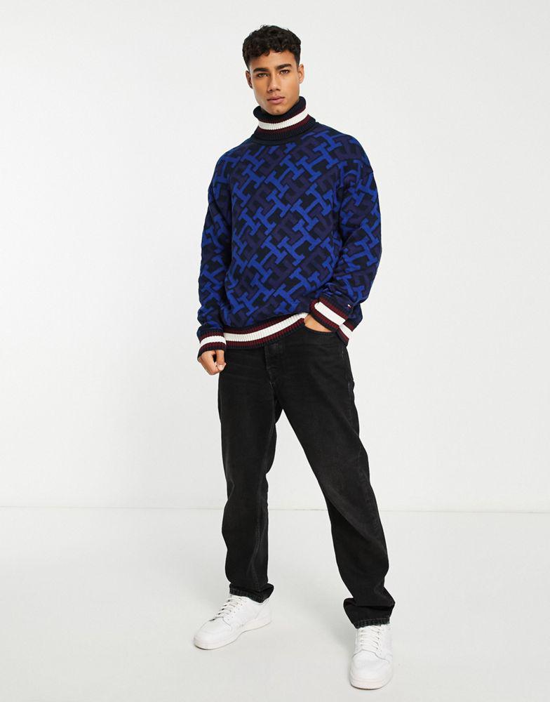 商品Tommy Hilfiger|Tommy Hilfiger monogram tipped roll neck cotton knit jumper in navy,价格¥1542,第6张图片详细描述