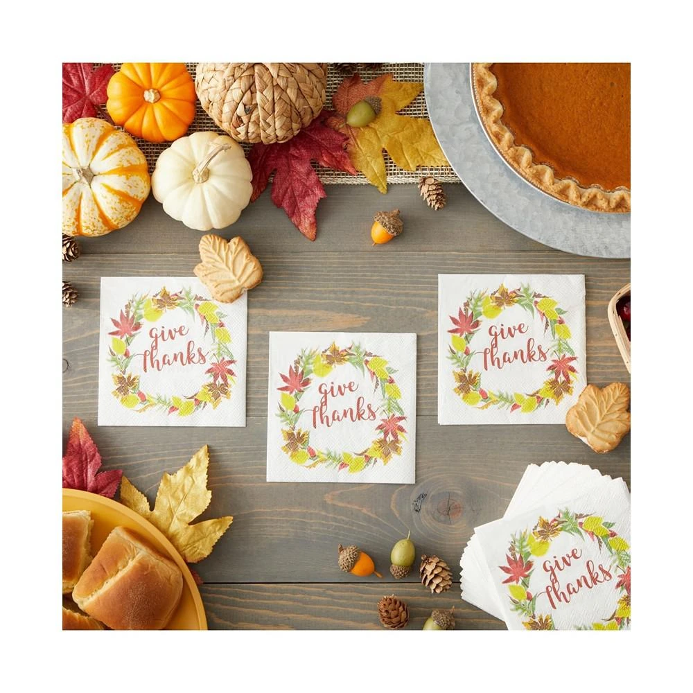 商品Blue Panda|100 Pack Give Thanks Thanksgiving Cocktail Napkins, Fall Leaves Wreath Design (5 x 5 In),价格¥127,第2张图片详细描述