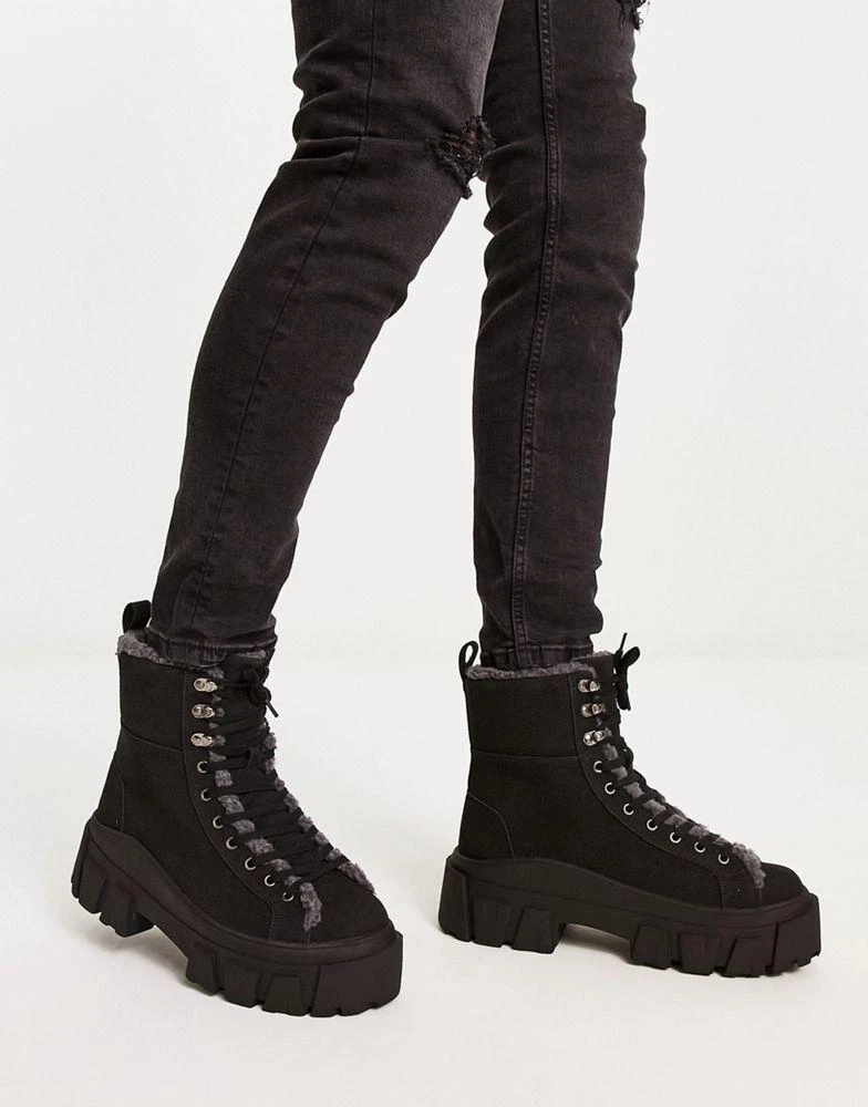 商品ASOS|ASOS DESIGN chunky lace up boot in black faux suede with faux borg lining,价格¥242,第1张图片