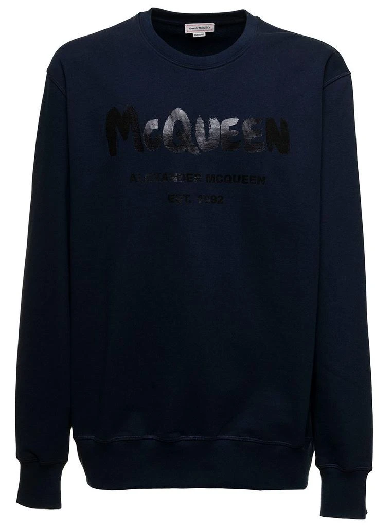 商品Alexander McQueen|Blue Fleece Cotton Sweatshirt with Tone-on-Tone Logo Print on the Front Alexander McQueen Man,价格¥2394,第1张图片