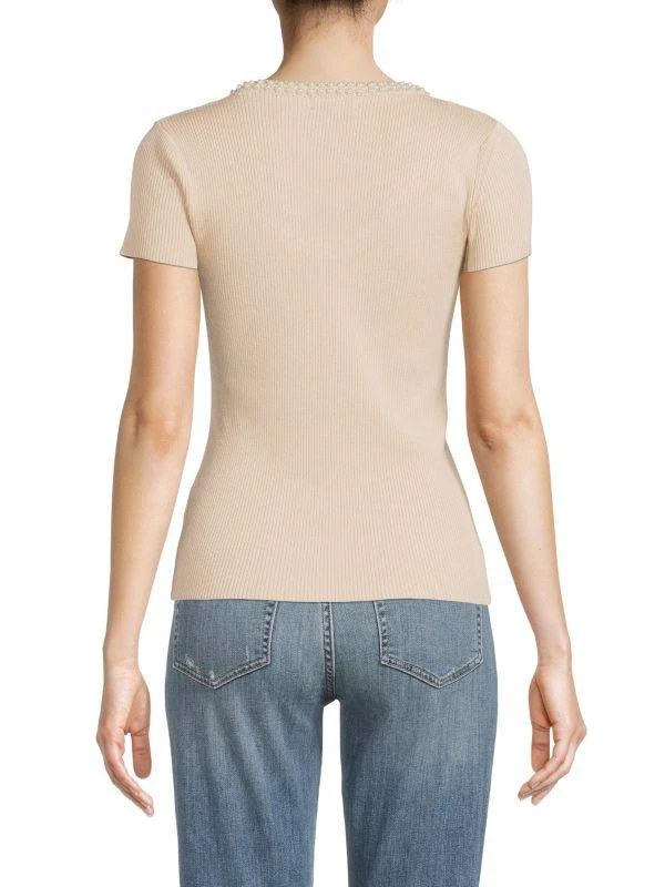 商品Tahari|Faux Pearl Embellished Ribbed Top,价格¥150,第2张图片详细描述