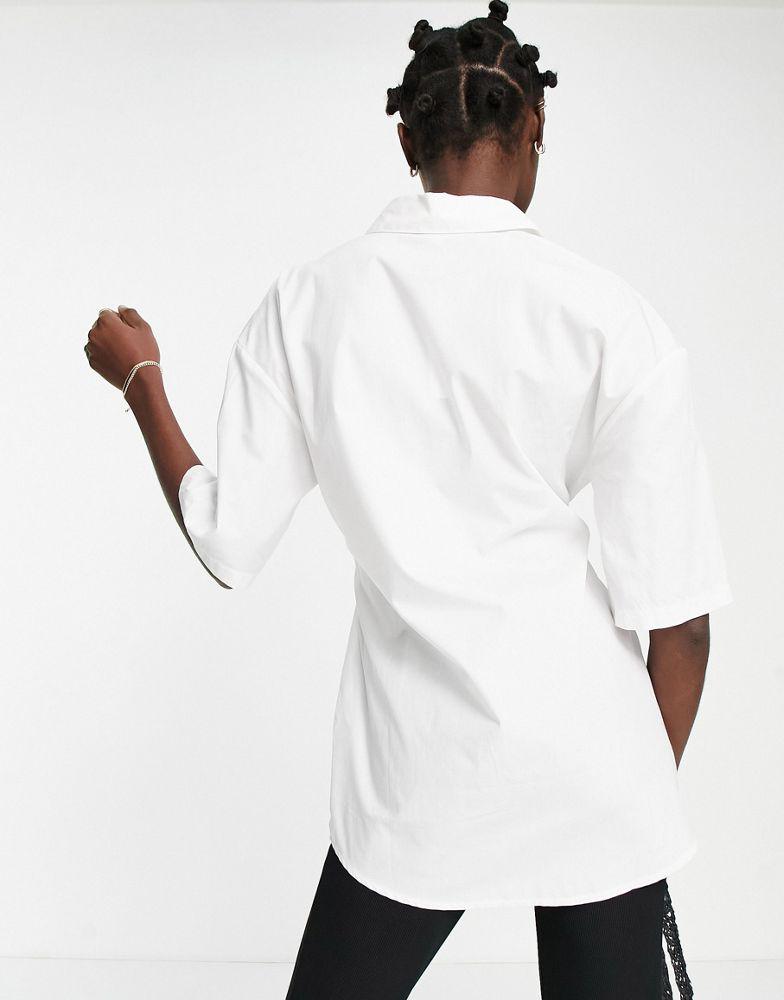 Topshop tie waist short sleeve poplin shirt in white商品第2张图片规格展示