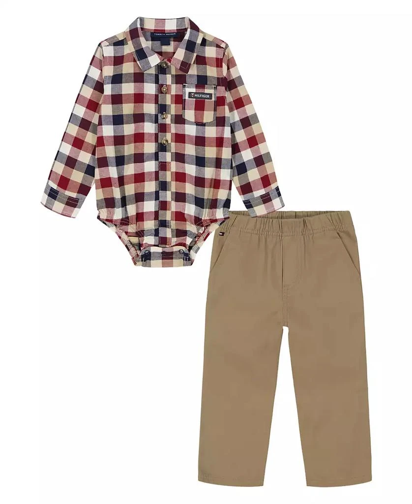 商品Tommy Hilfiger|Baby Boy Oxford Plaid Long Sleeve Shirt Bodysuit Prewashed Twill Pants, 2-Piece Set,价格¥165,第1张图片