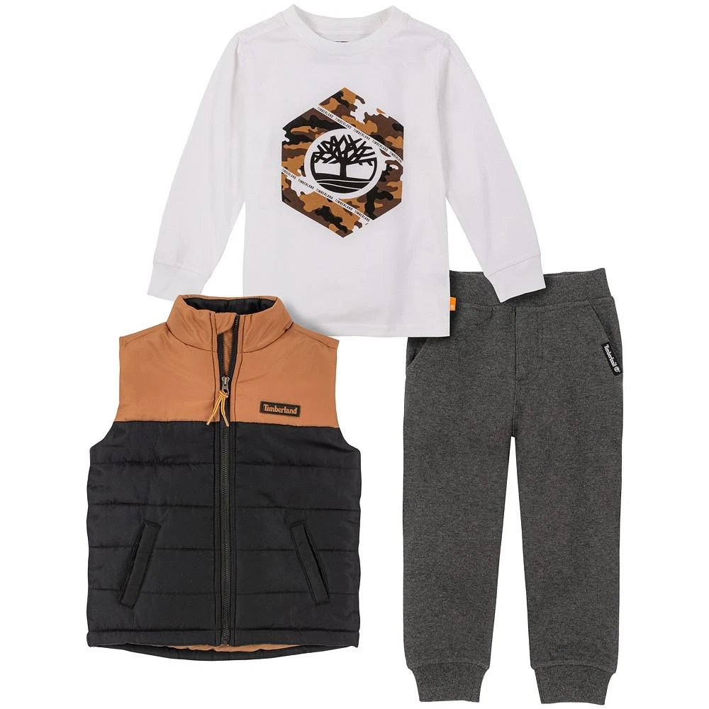 商品Timberland|Toddler Boys Color Block Puffer Vest, Logo T-shirt and Fleece Joggers, 3 Piece Set,价格¥254,第1张图片