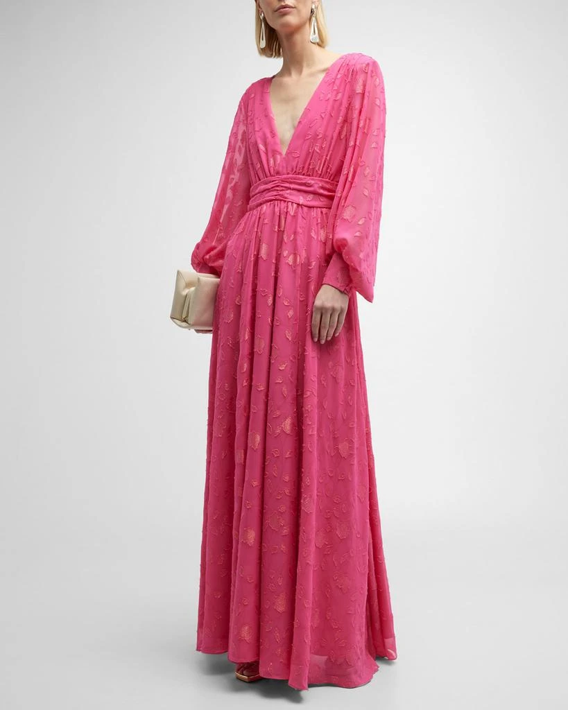 商品One33 Social|Deep V-Neck Balloon-Sleeve Floral Burnout Gown,价格¥899,第4张图片详细描述
