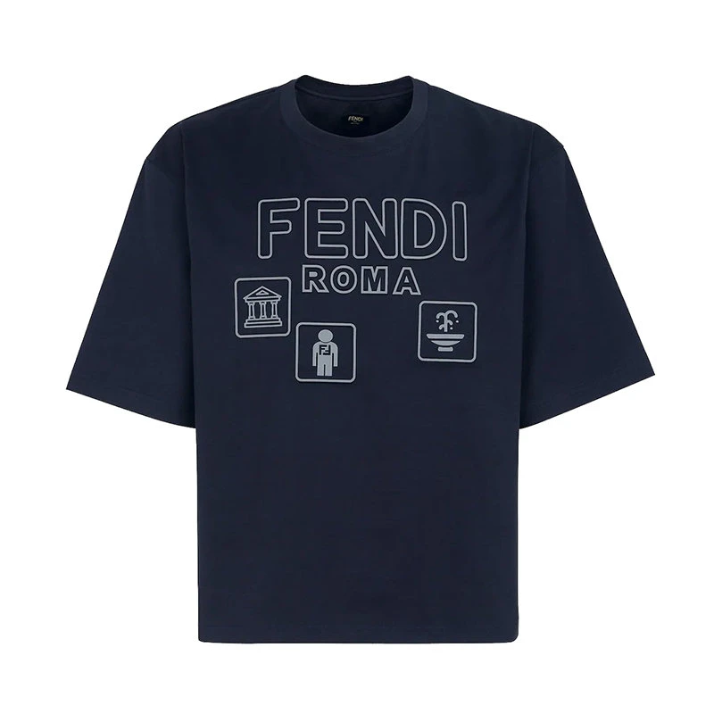 商品Fendi|【预售3-7天】FENDI/芬迪 22年早春新款 男士深蓝色纯棉对比色Logo Icon图案短袖T恤FY1129AIFVF0QG3,价格¥43048,第1张图片