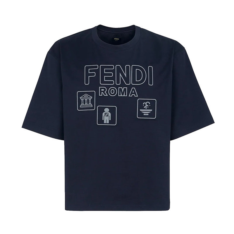 商品Fendi|【预售3-7天】FENDI/芬迪 22年早春新款 男士深蓝色纯棉对比色Logo Icon图案短袖T恤FY1129AIFVF0QG3,价格¥42565,第1张图片