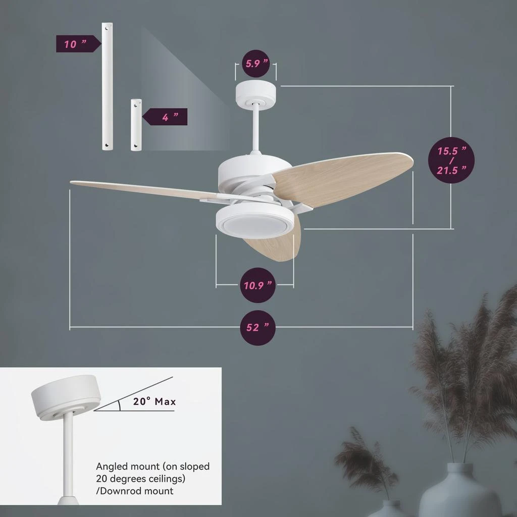 商品Simplie Fun|52 In Light wood Ceiling Fan Lighting,价格¥838,第2张图片详细描述