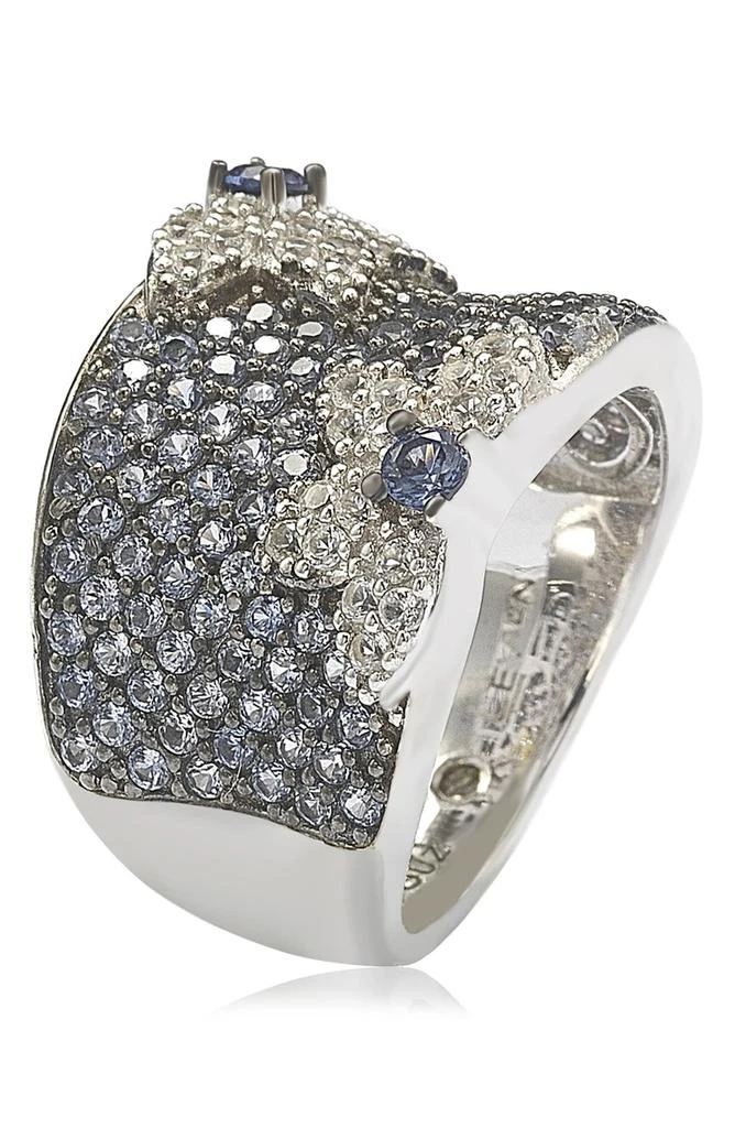 商品Suzy Levian|18K Gold & Sterling Silver Pavé Blue & Created White Sapphire Diamond Accent Floral Band Ring - 0.02 ctw,价格¥2738,第4张图片详细描述