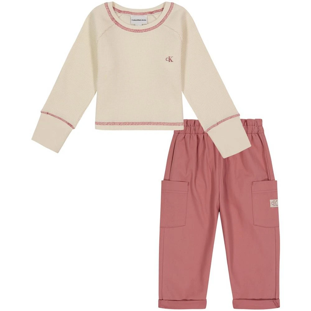 商品Calvin Klein|Toddler Girls Long Sleeve Waffle-Knit Top and Wide Leg Twill Pants, 2 Piece Set,价格¥180,第1张图片