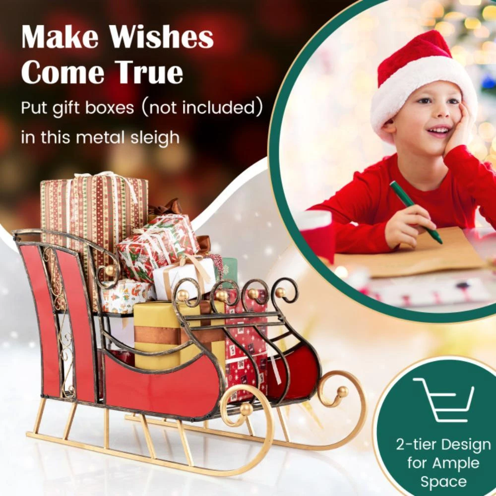 商品Hivvago|3 FT Christmas Metal Sleigh Decoration Santa Sleigh with 2-Tier Storage Shelf,价格¥1075,第4张图片详细描述