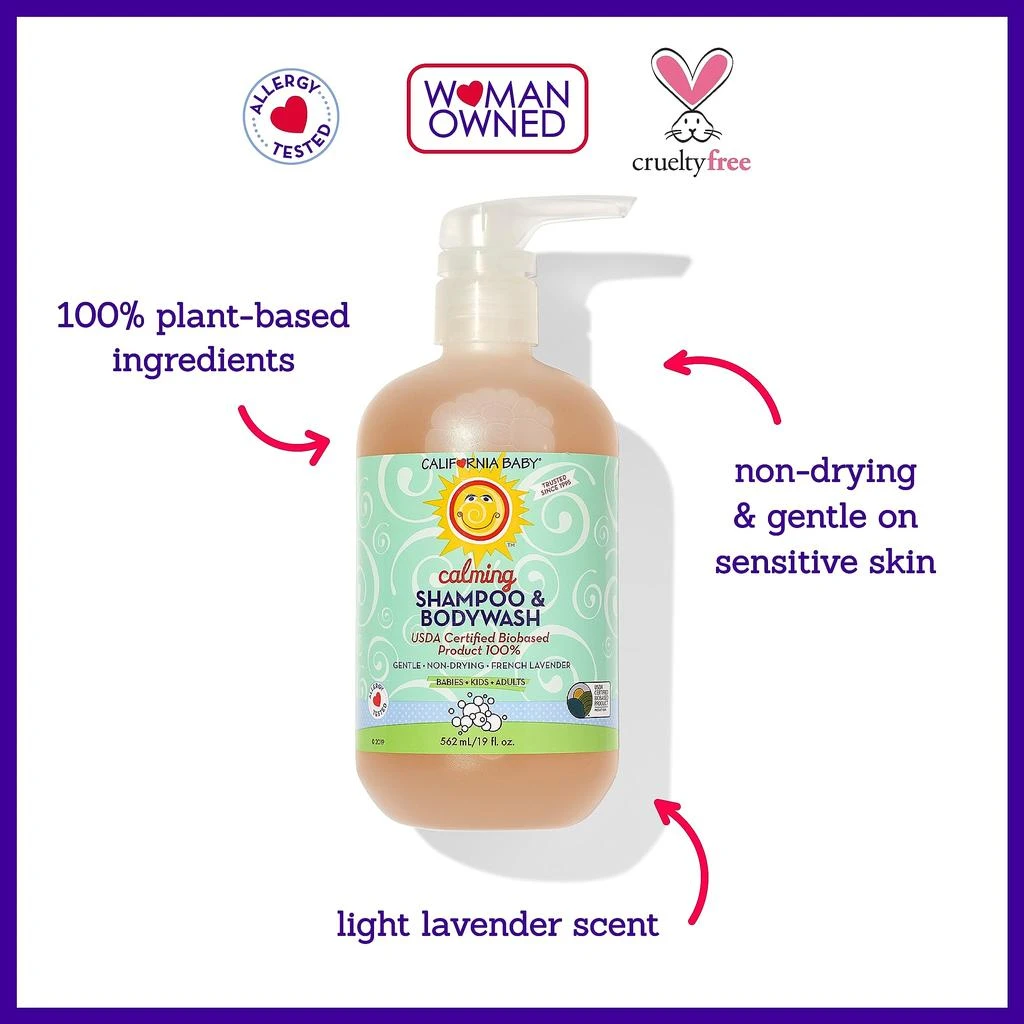 商品California Baby|California Baby Calming Lavender Shampoo and Body Wash | 100% Plant-Based (USDA Certified) | Hypoallergenic Baby Soap for Dry, Sensitive Skin | 562 mL / 19 fl. oz.,价格¥153,第3张图片详细描述