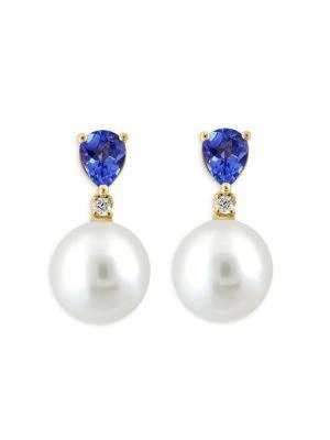 商品Effy|14K Yellow Gold Diamond, 9MM Freshwater Pearl & Tanzanite Drop Earrings,价格¥2986,第2张图片详细描述