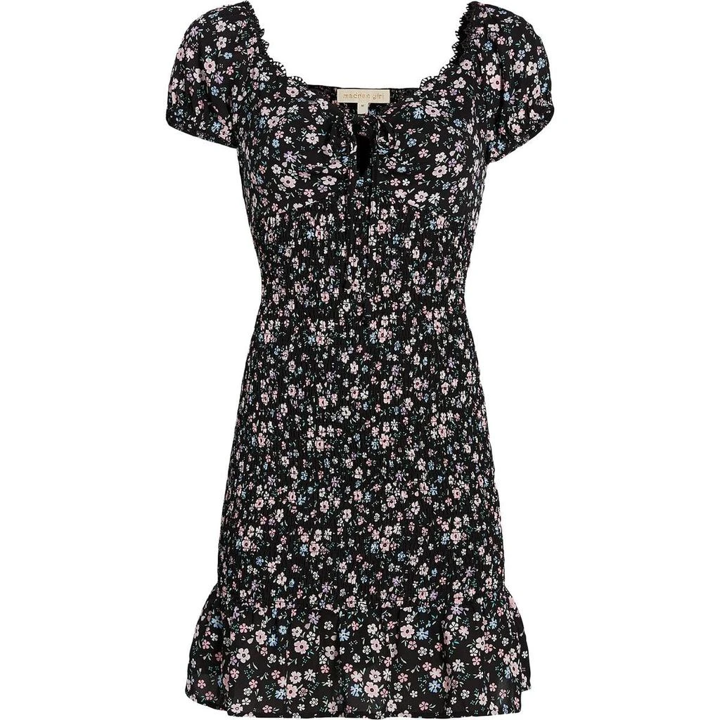 商品Madden Girl|Madden Girl Women's Smocked Floral Print Short Sleeve Ruffled Mini Dress,价格¥48,第1张图片