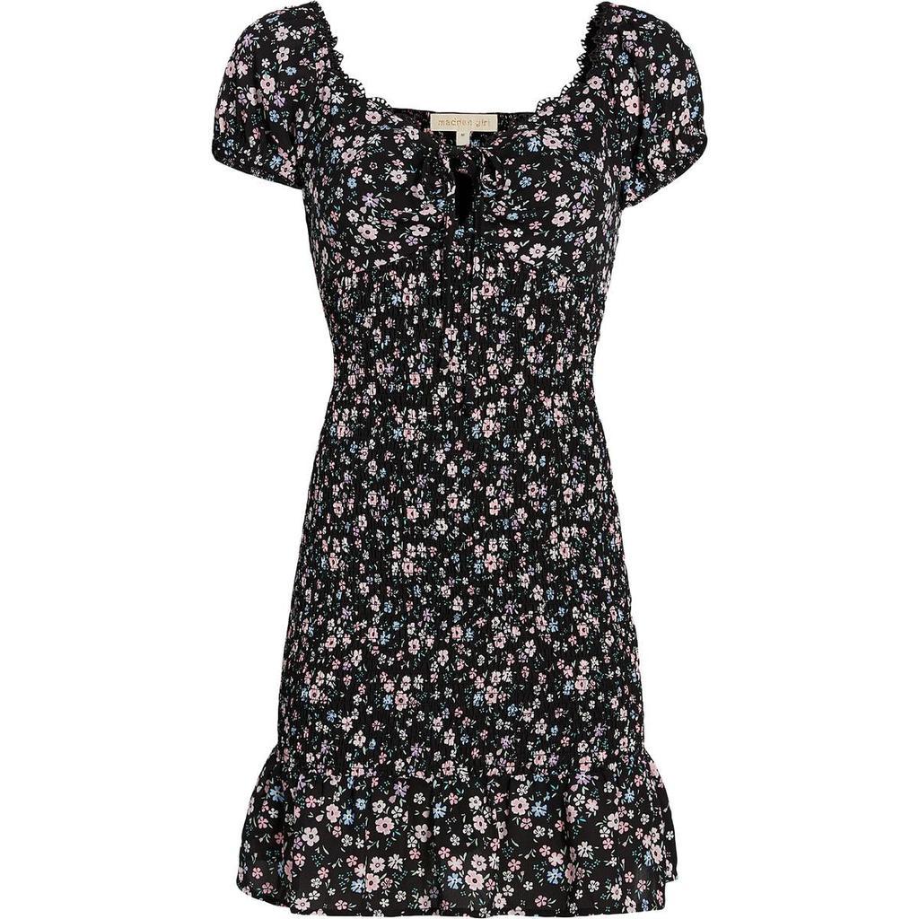 商品Madden Girl|Madden Girl Women's Smocked Floral Print Short Sleeve Ruffled Mini Dress,价格¥59,第3张图片详细描述