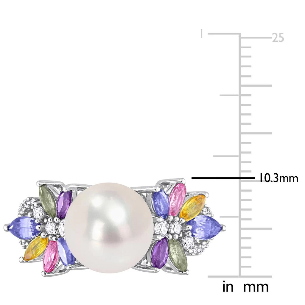 商品Mimi & Max|9-9.5 MM Cultured Freshwater Pearl and 1 3/4 CT TGW Multi Sapphire (Light Blue, White, Yellow, Pink, Purple & Green) and 1/8 CT TW Diamond Flower Ring in 14k White Gold,价格¥4601,第2张图片详细描述